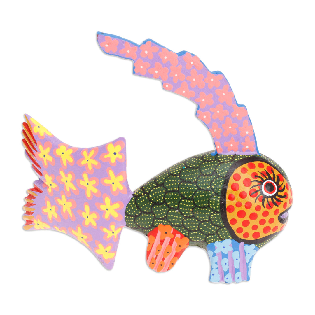 Hand-Painted Wood Fish Alebrije Figurine in Green and Purple - Petite Fish in Green
