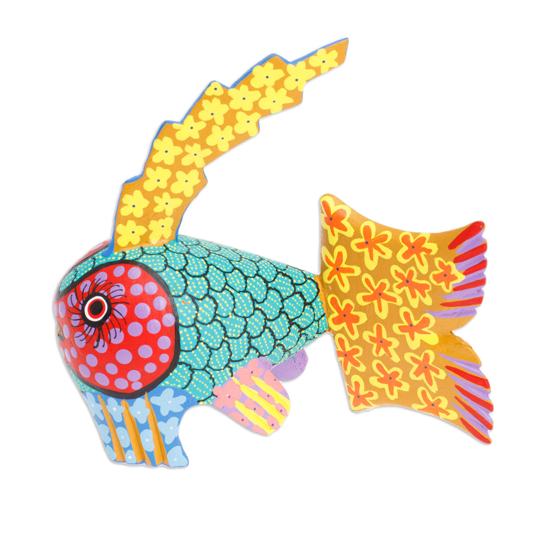 Colorful Wood Fish Alebrije Figurine Hand-Painted in Mexico - Petite Fish in Aqua