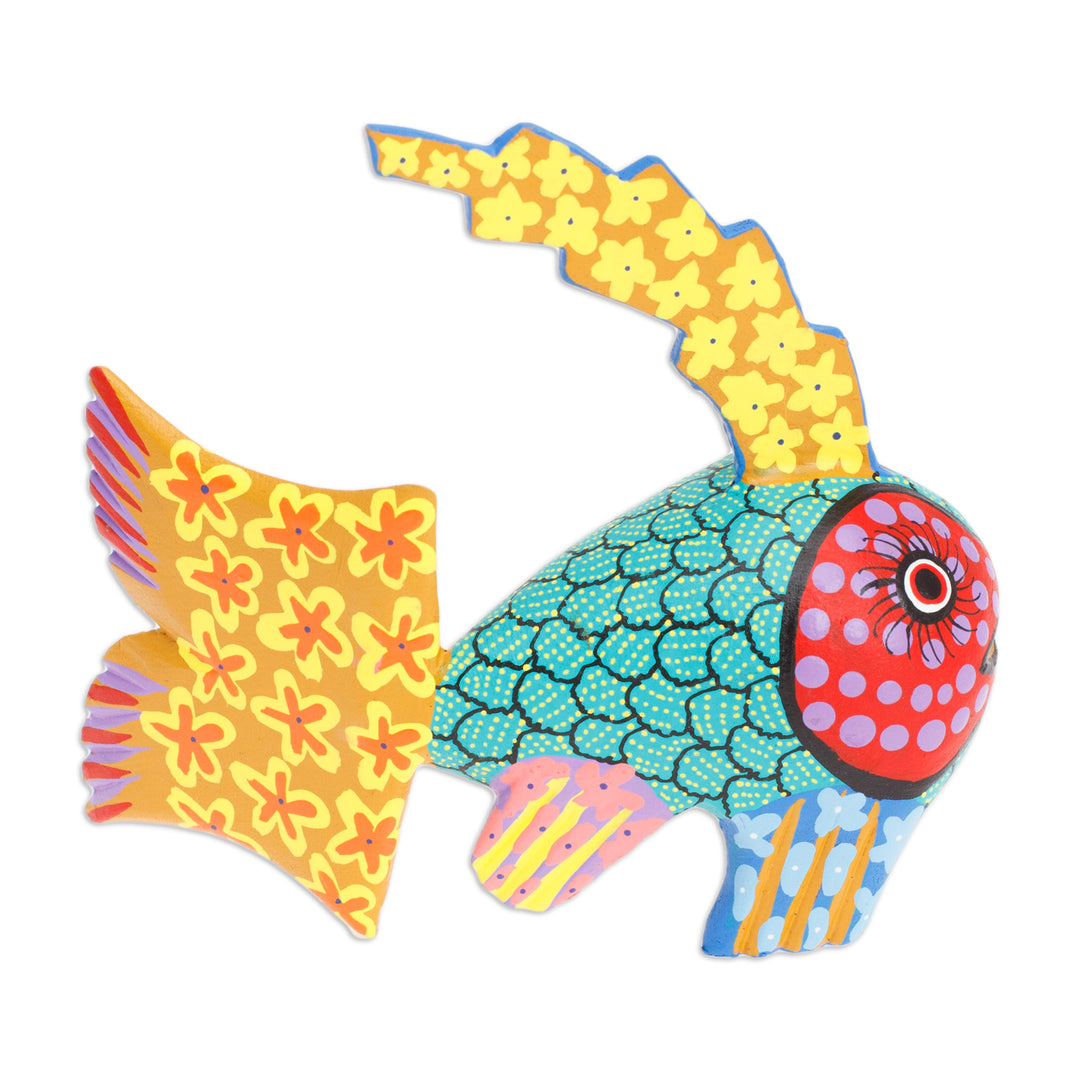 Colorful Wood Fish Alebrije Figurine Hand-Painted in Mexico - Petite Fish in Aqua