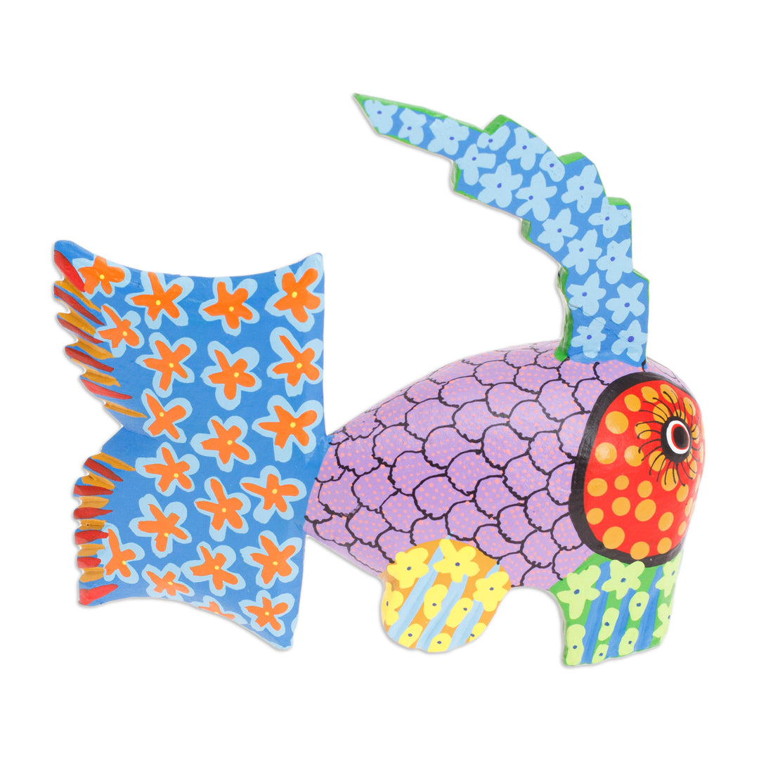 Hand-Painted Wood Fish Alebrije Figurine with Floral Motifs - Petite Fish in Purple