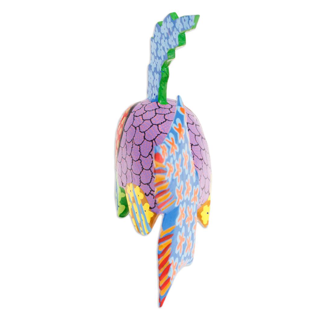 Hand-Painted Wood Fish Alebrije Figurine with Floral Motifs - Petite Fish in Purple