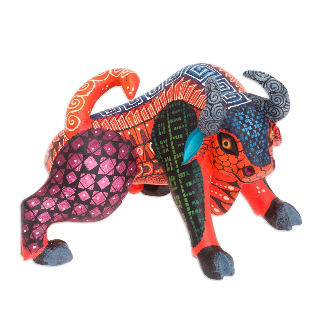 Hand-Painted Wood Bull  Alebrije Figurine in Red and Blue - Little Red Bull