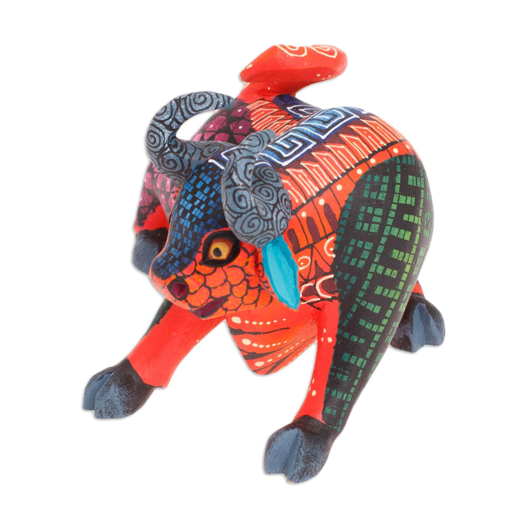 Hand-Painted Wood Bull  Alebrije Figurine in Red and Blue - Little Red Bull