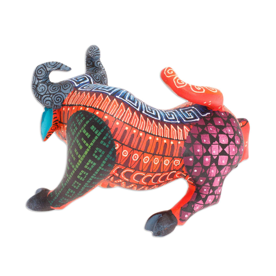 Hand-Painted Wood Bull  Alebrije Figurine in Red and Blue - Little Red Bull