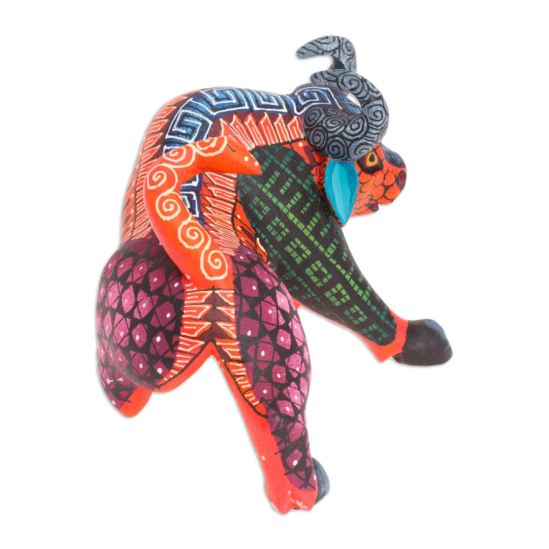 Hand-Painted Wood Bull  Alebrije Figurine in Red and Blue - Little Red Bull