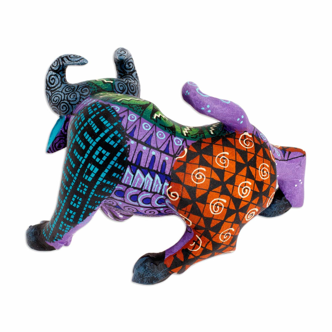 Hand-Painted Wood Bull Alebrije Figurine in Purple & Orange - Little Purple Bull