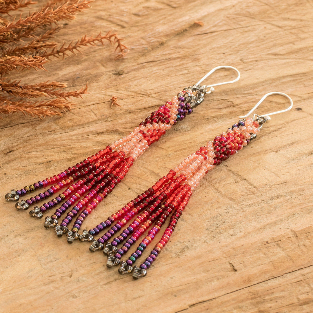 Red and Rose Crystal and Glass Beaded Waterfall Earrings - Red & Rose Waters