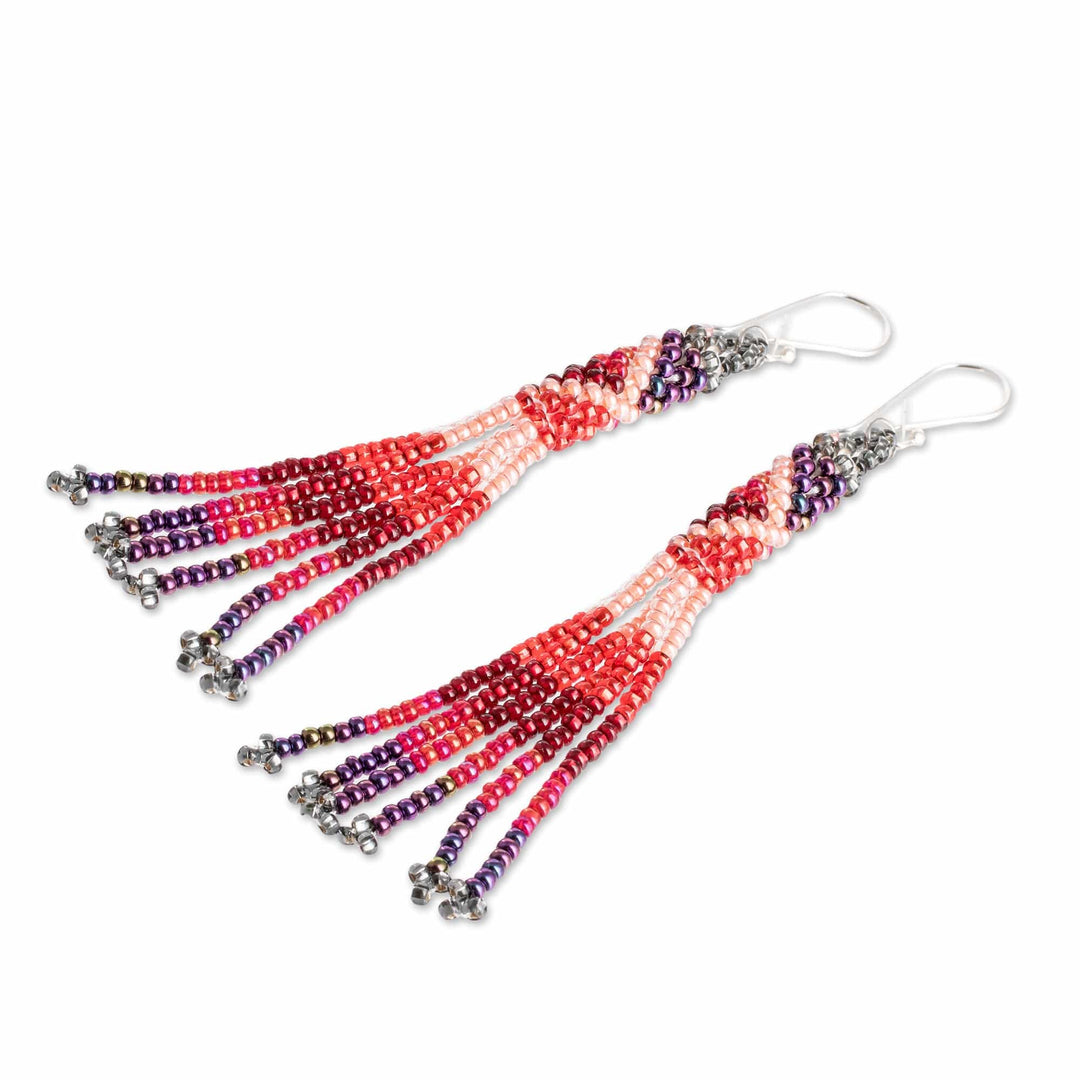 Red and Rose Crystal and Glass Beaded Waterfall Earrings - Red & Rose Waters