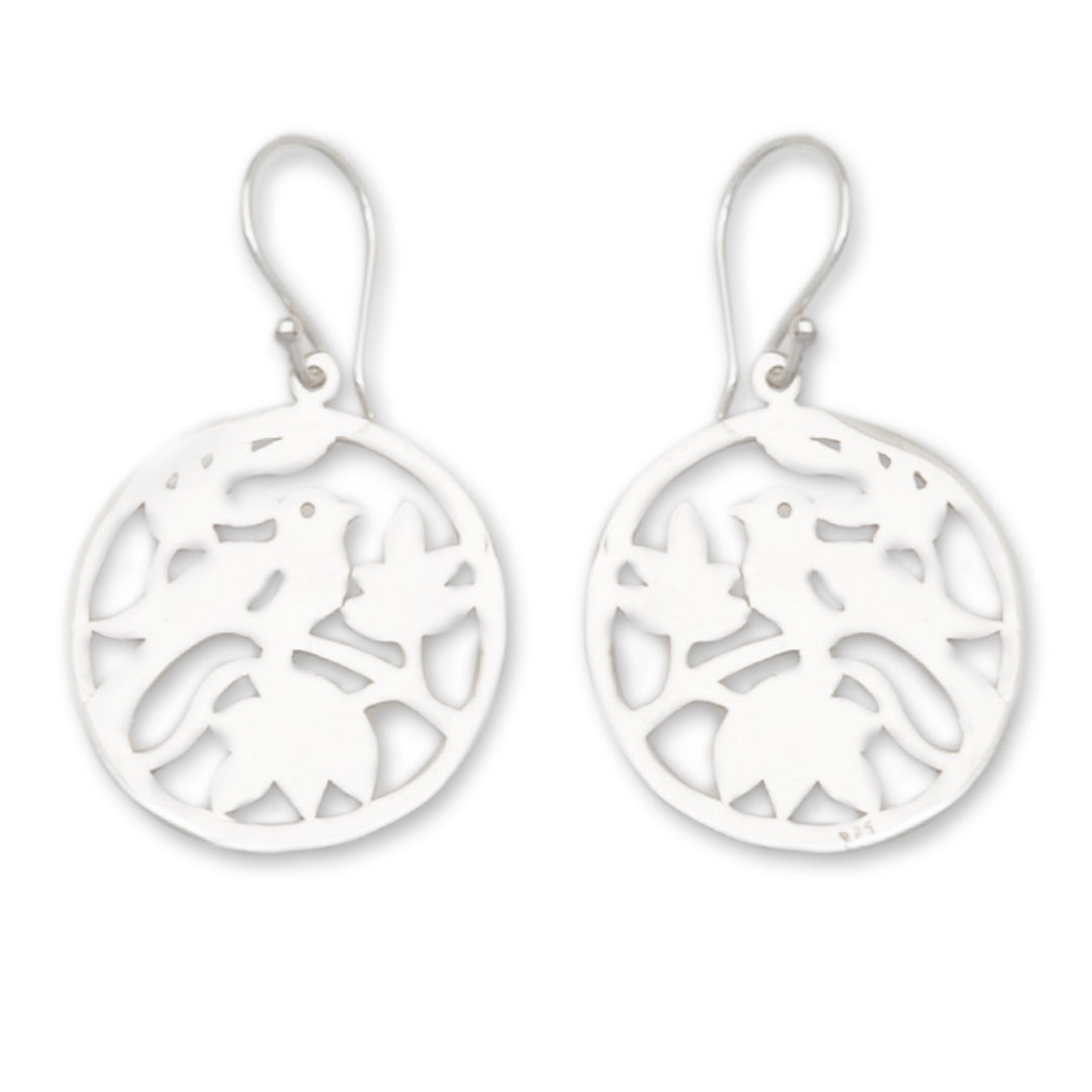 Nature-Themed Round Sterling Silver Dangle Earrings - Morning Chorus