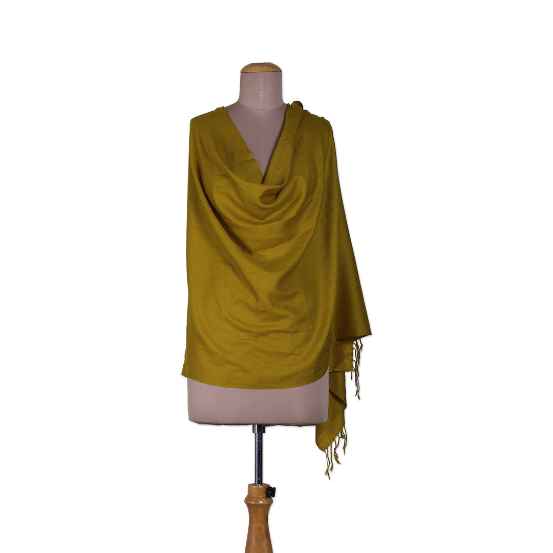 Fringed Yellow Wool Shawl with Handwoven Geometric Motifs - Winter Warmth in Mustard