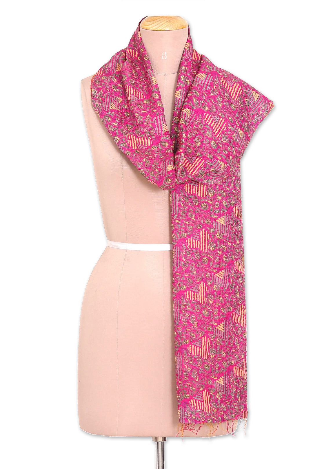 Hand-Embroidered Reversible Fuchsia Brown Kantha Silk Scarf - Fairytale Blossoms
