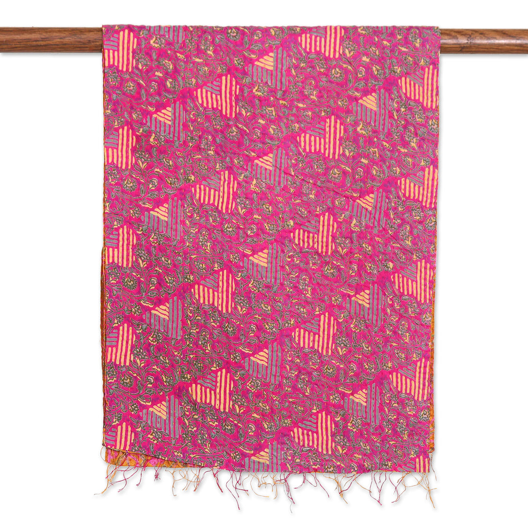 Hand-Embroidered Reversible Fuchsia Brown Kantha Silk Scarf - Fairytale Blossoms