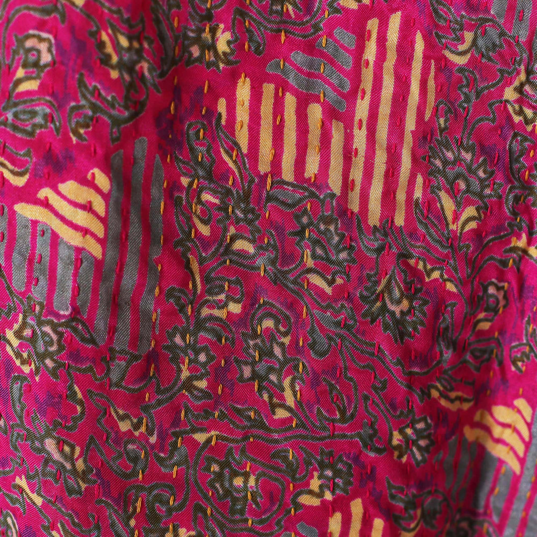 Hand-Embroidered Reversible Fuchsia Brown Kantha Silk Scarf - Fairytale Blossoms