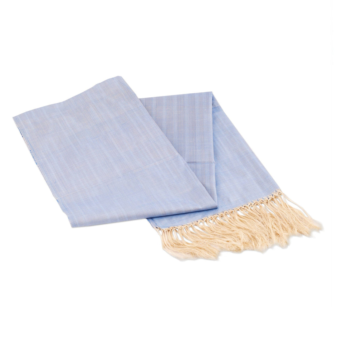 Handwoven Striped Blue Silk Shawl with Fringes - Sky of the Desert