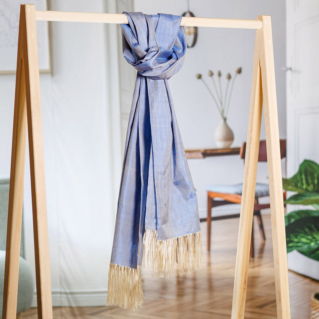 Handwoven Striped Blue Silk Shawl with Fringes - Sky of the Desert