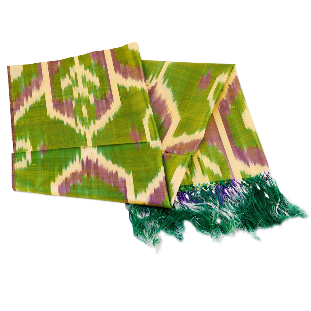 Handwoven Traditional Geometric Green and Yellow Silk Scarf - Forest Oasis