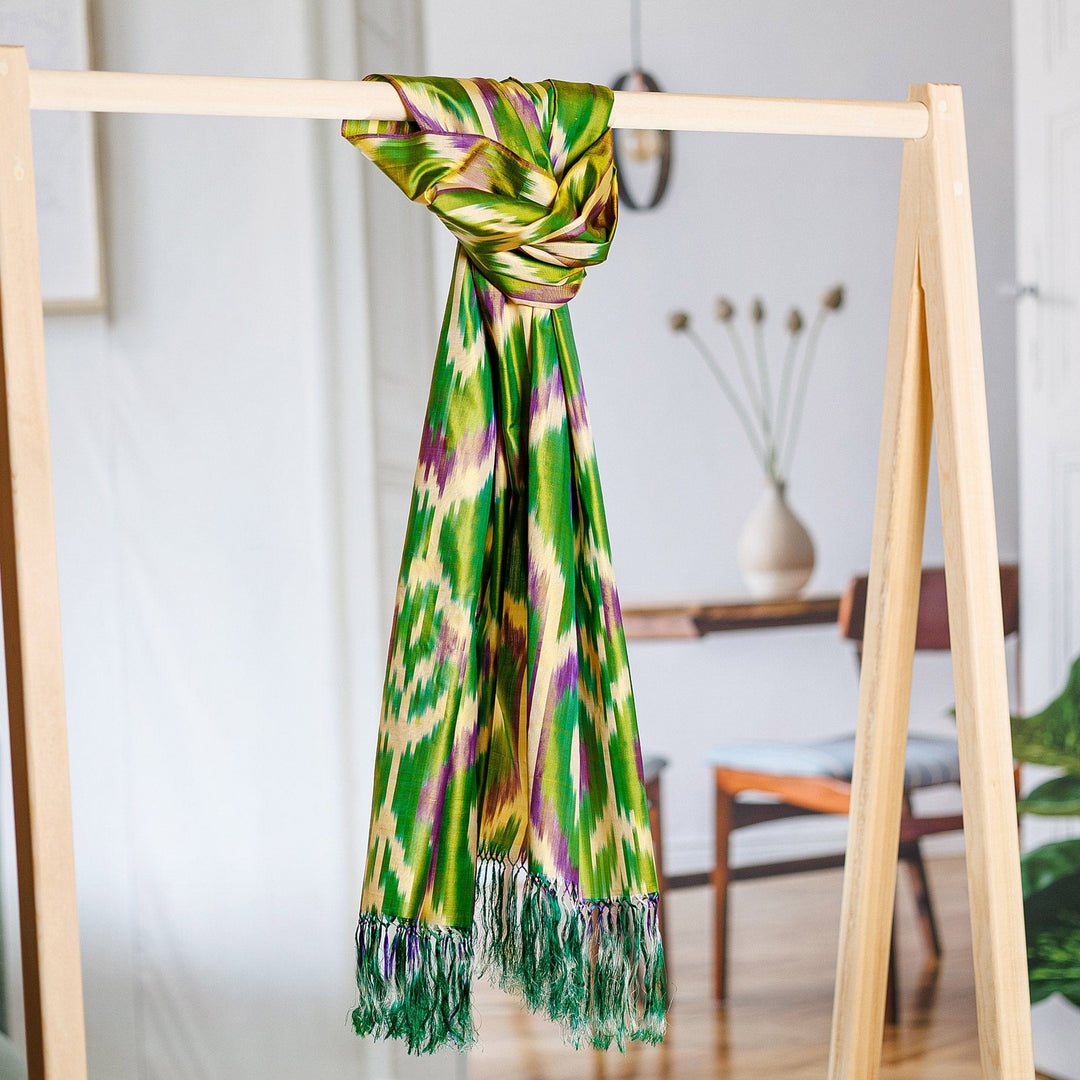Handwoven Traditional Geometric Green and Yellow Silk Scarf - Forest Oasis