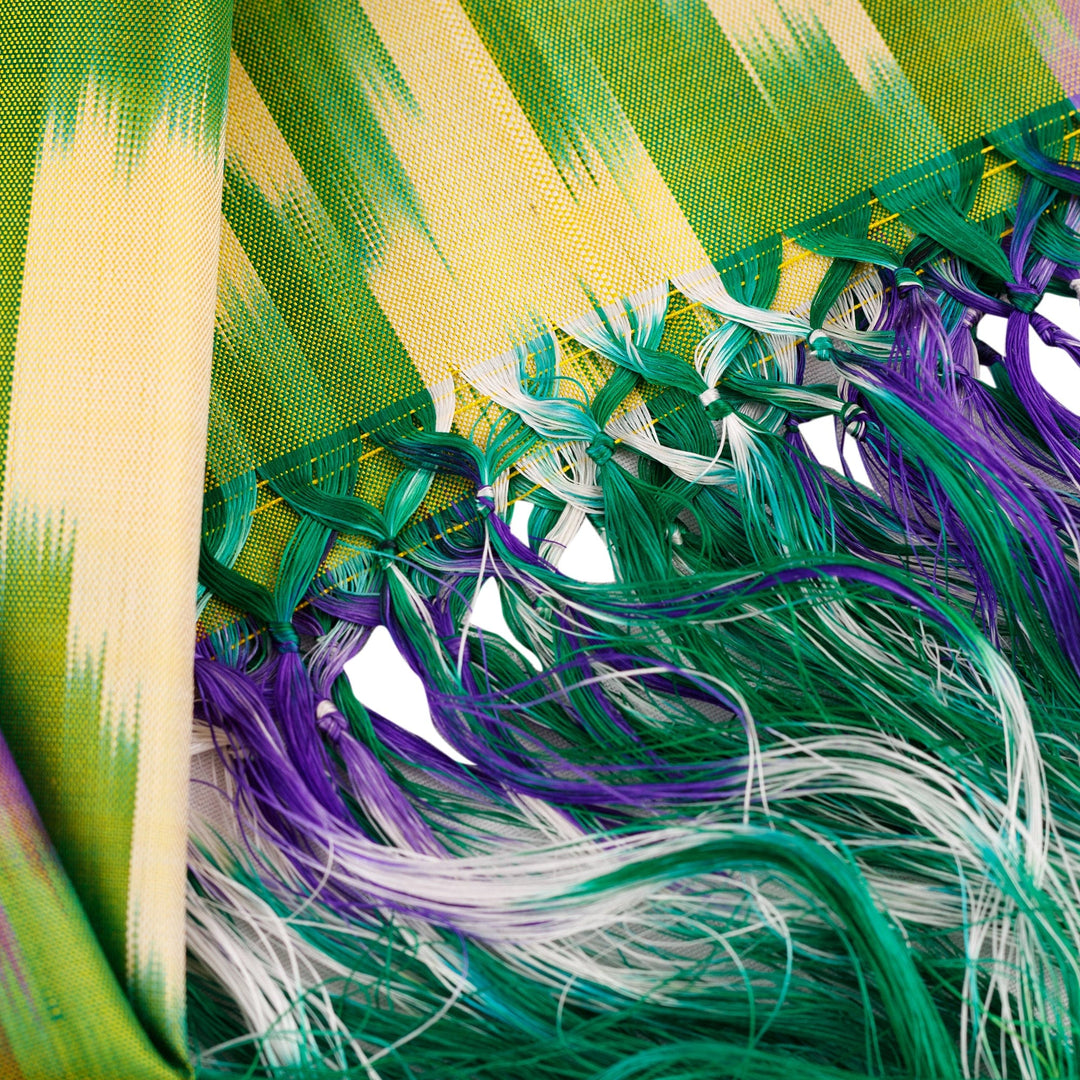 Handwoven Traditional Geometric Green and Yellow Silk Scarf - Forest Oasis
