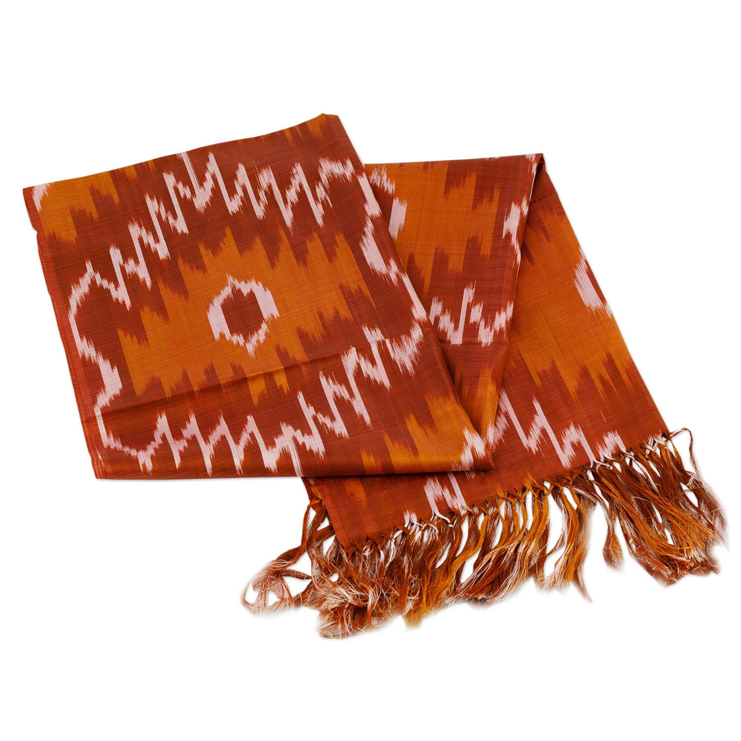 Handloomed Ikat Patterned Soft Silk Scarf in Brown Hues - Desert Halo