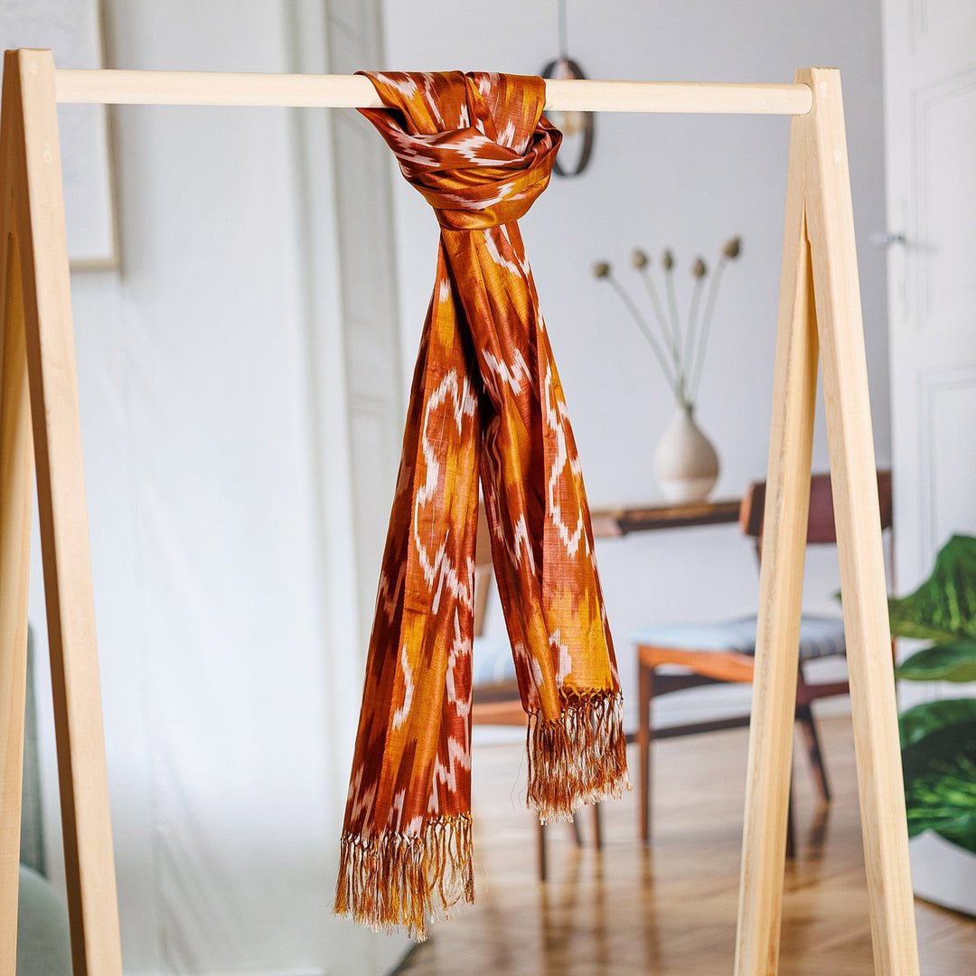 Handloomed Ikat Patterned Soft Silk Scarf in Brown Hues - Desert Halo