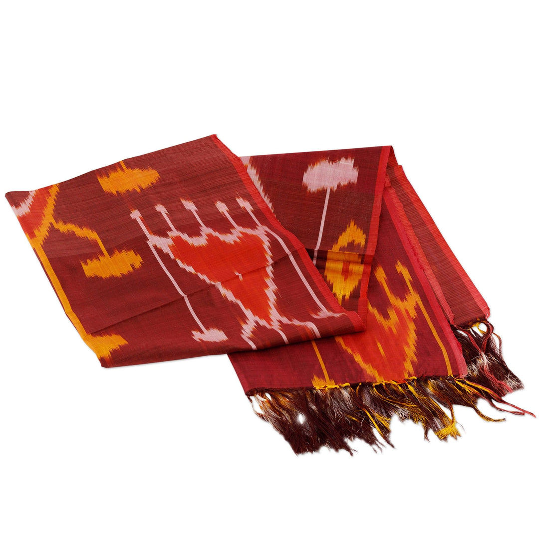 Handloomed Ikat Patterned Silk Scarf with Red Color Scheme - Fire Dame