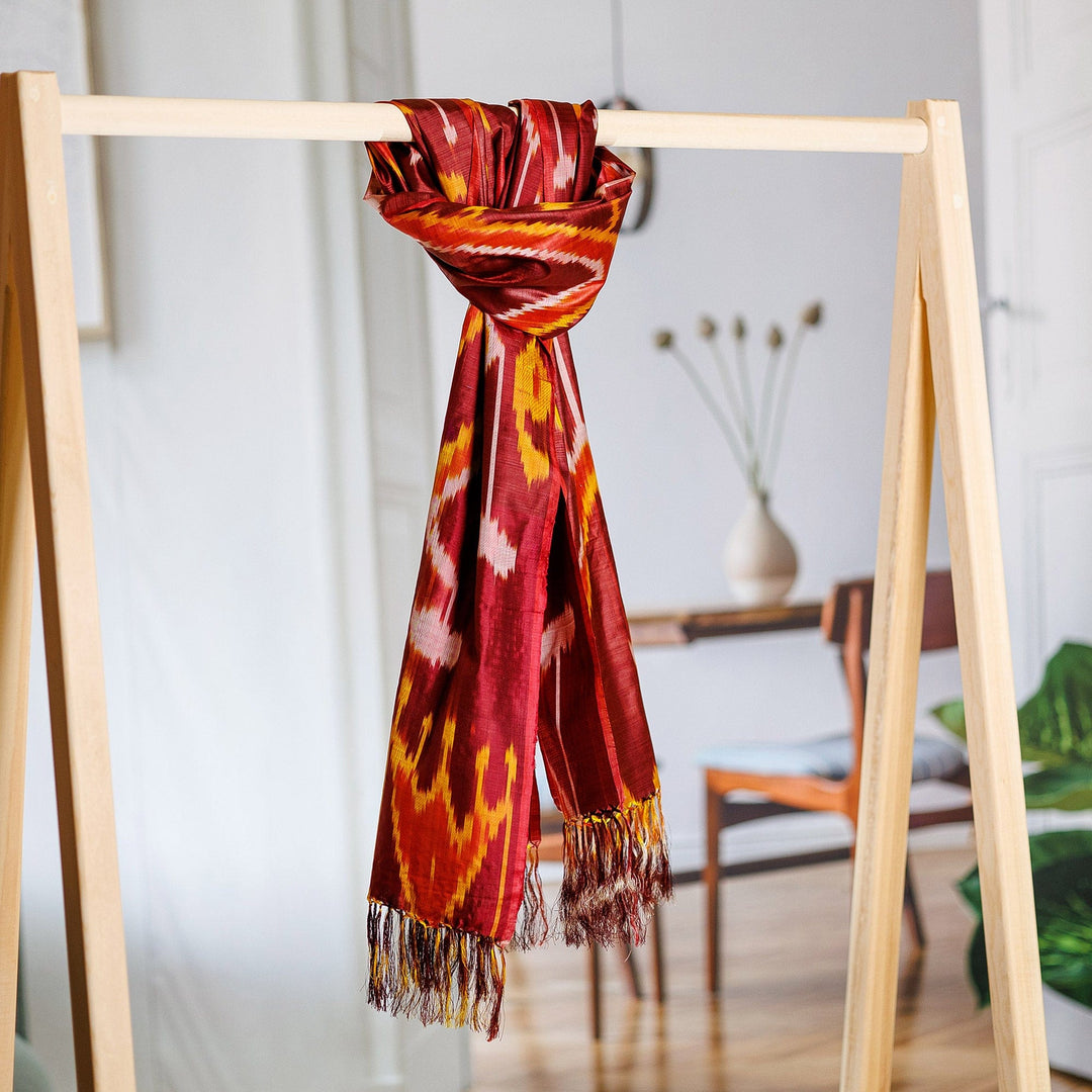 Handloomed Ikat Patterned Silk Scarf with Red Color Scheme - Fire Dame
