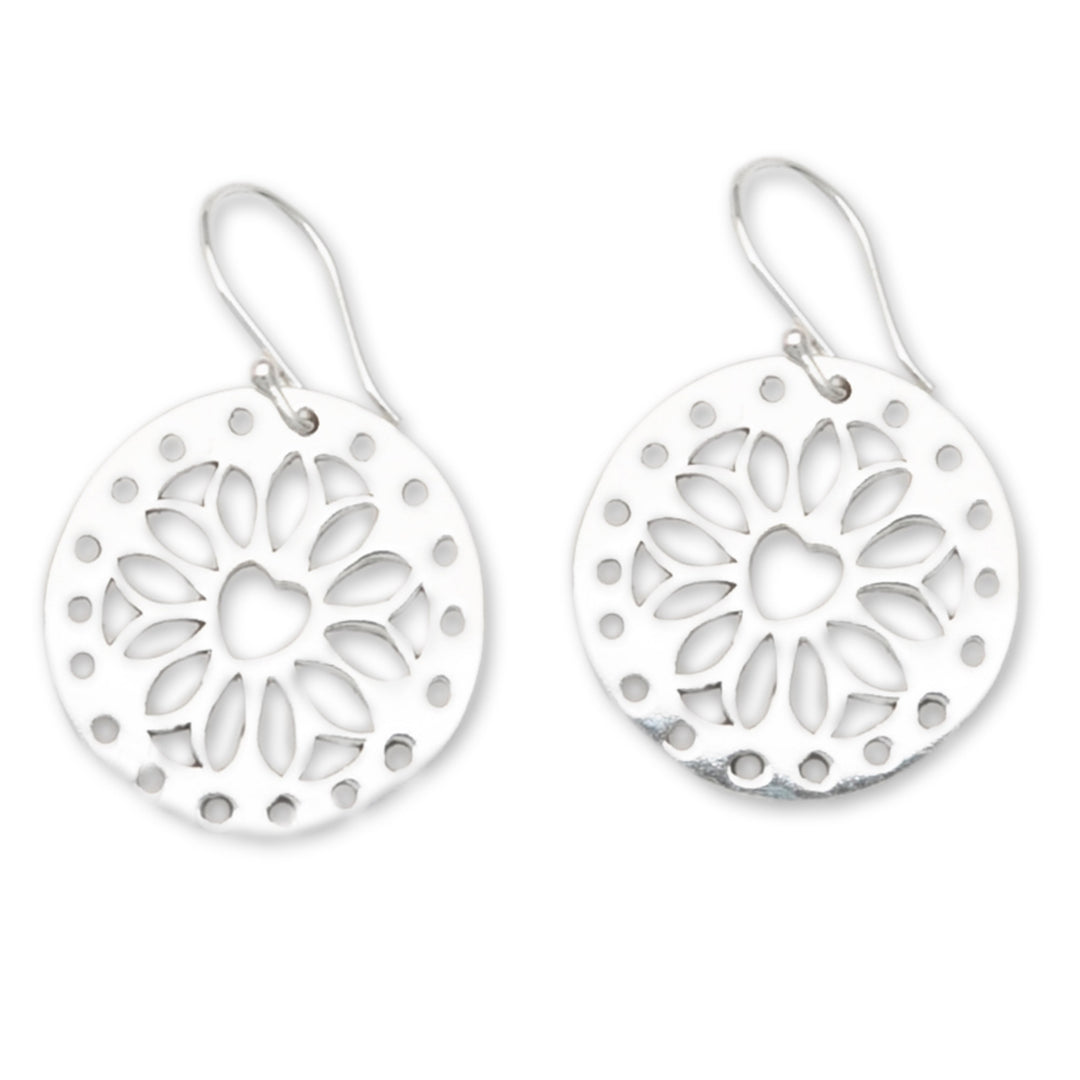 Lotus and Heart-Themed Round Sterling Silver Dangle Earrings - Lotus Whisper