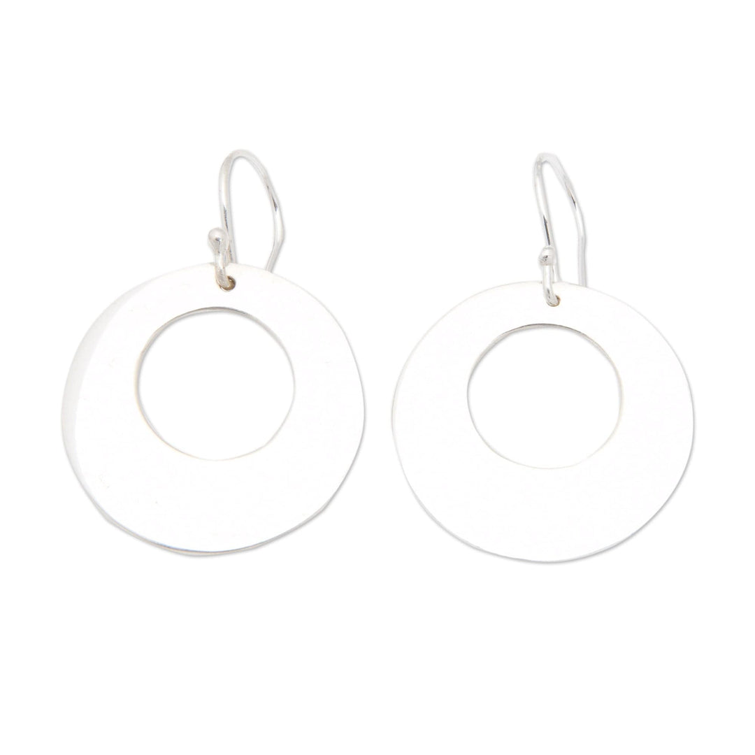 Round Sterling Silver Dangle Earrings with Polished Finish - Mirror of Moon