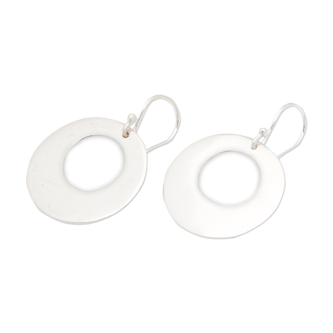 Round Sterling Silver Dangle Earrings with Polished Finish - Mirror of Moon