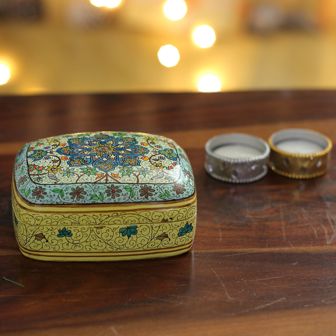 Hand-Painted Papier Mache on Wood Decorative Box from India - Floral Majesty