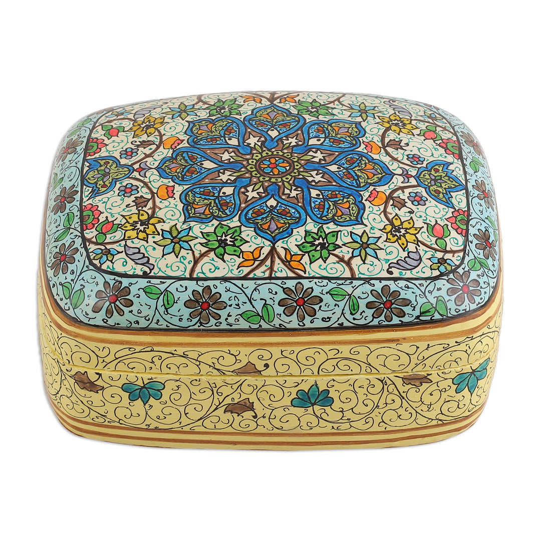 Hand-Painted Papier Mache on Wood Decorative Box from India - Floral Majesty