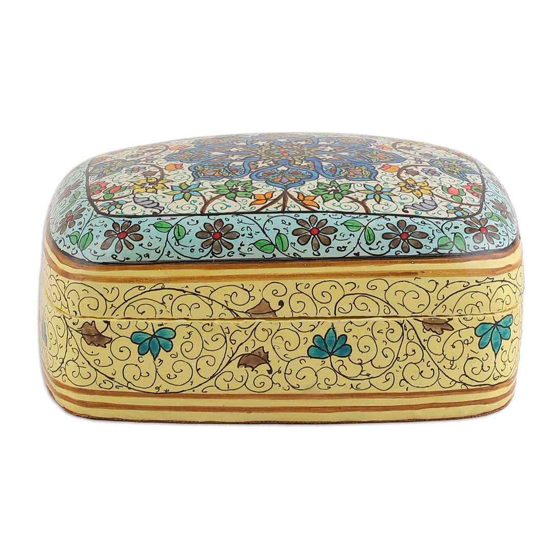 Hand-Painted Papier Mache on Wood Decorative Box from India - Floral Majesty