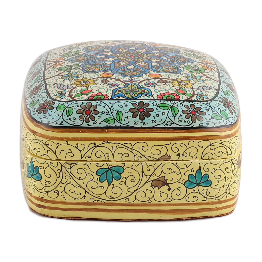 Hand-Painted Papier Mache on Wood Decorative Box from India - Floral Majesty