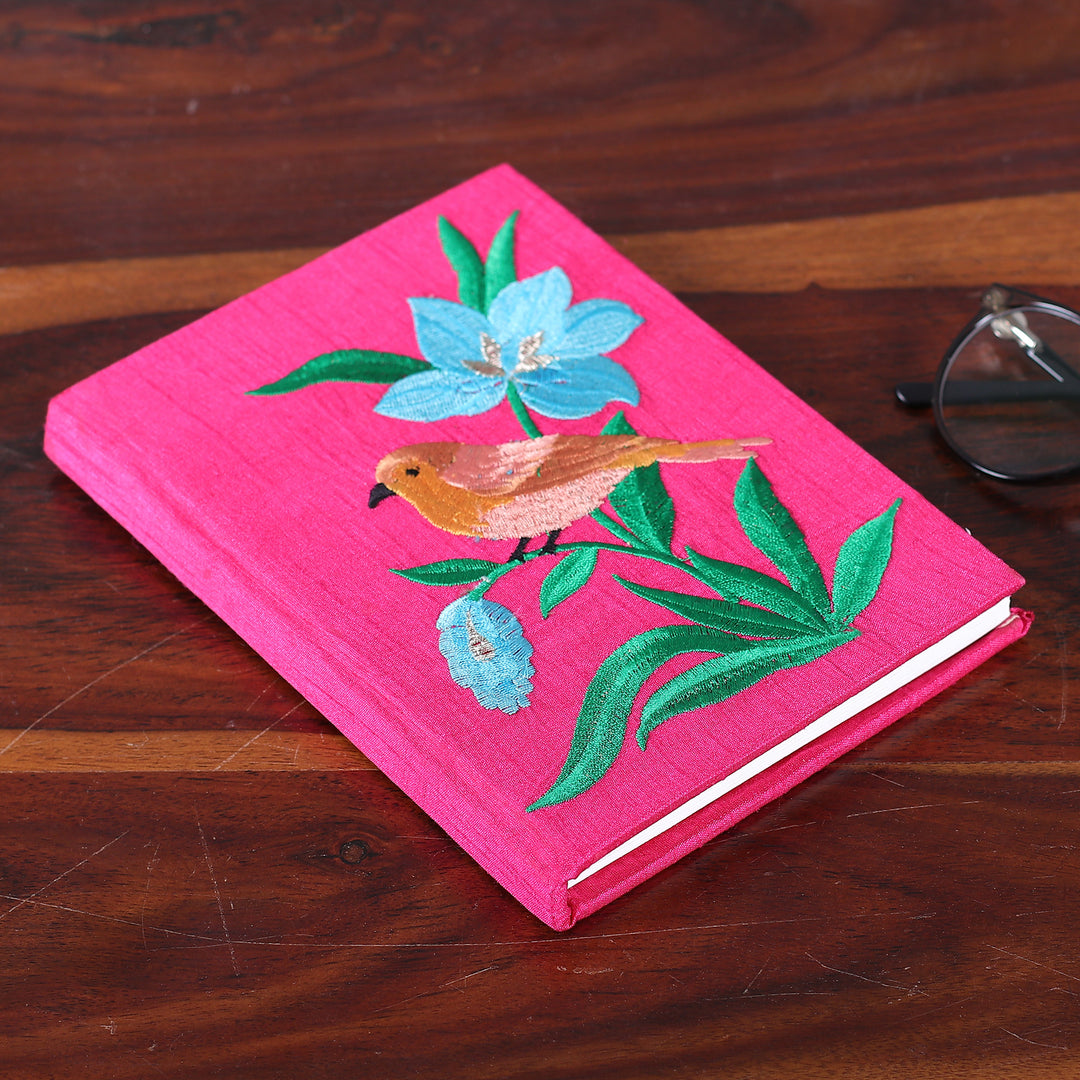 Nature-Themed Cerise Rayon-Embroidered Journal from India - Nature's Cerise Beauty