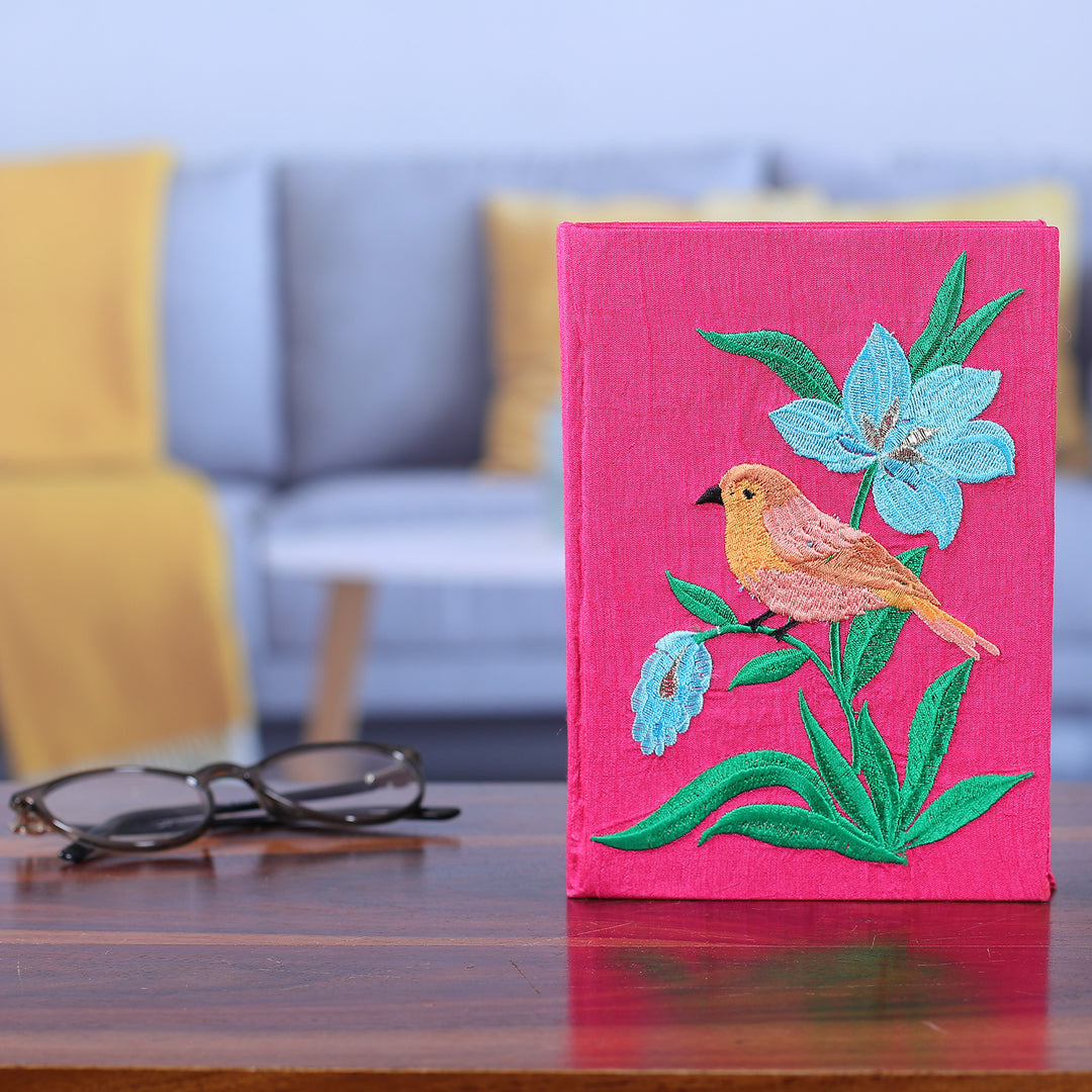 Nature-Themed Cerise Rayon-Embroidered Journal from India - Nature's Cerise Beauty