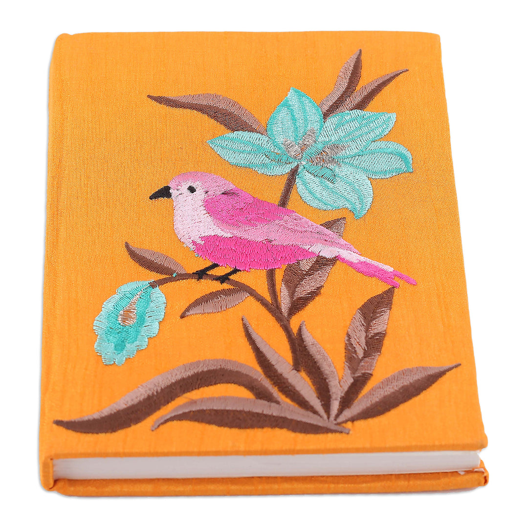 Nature-Themed Saffron Rayon-Embroidered Journal from India - Nature's Saffron Beauty