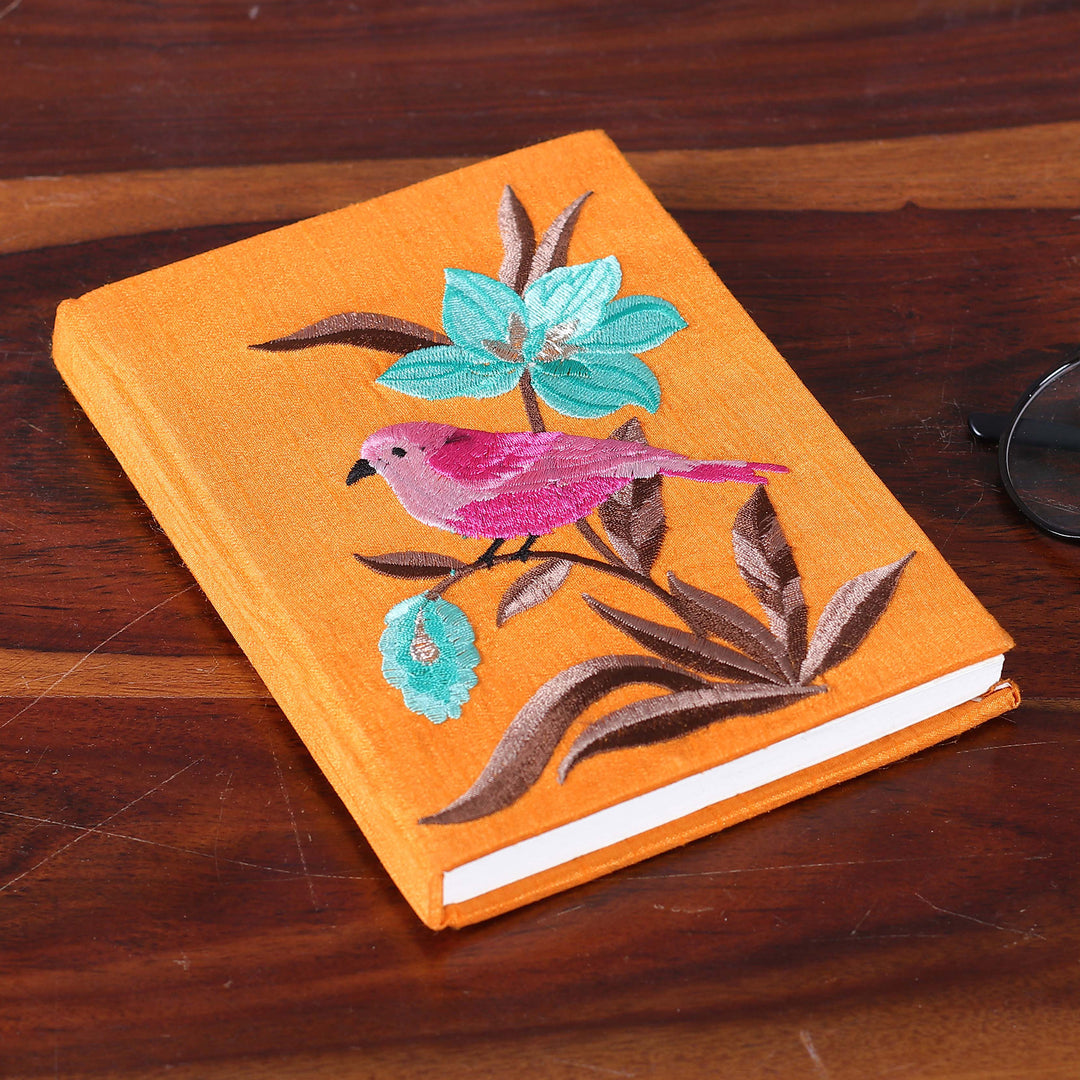 Nature-Themed Saffron Rayon-Embroidered Journal from India - Nature's Saffron Beauty