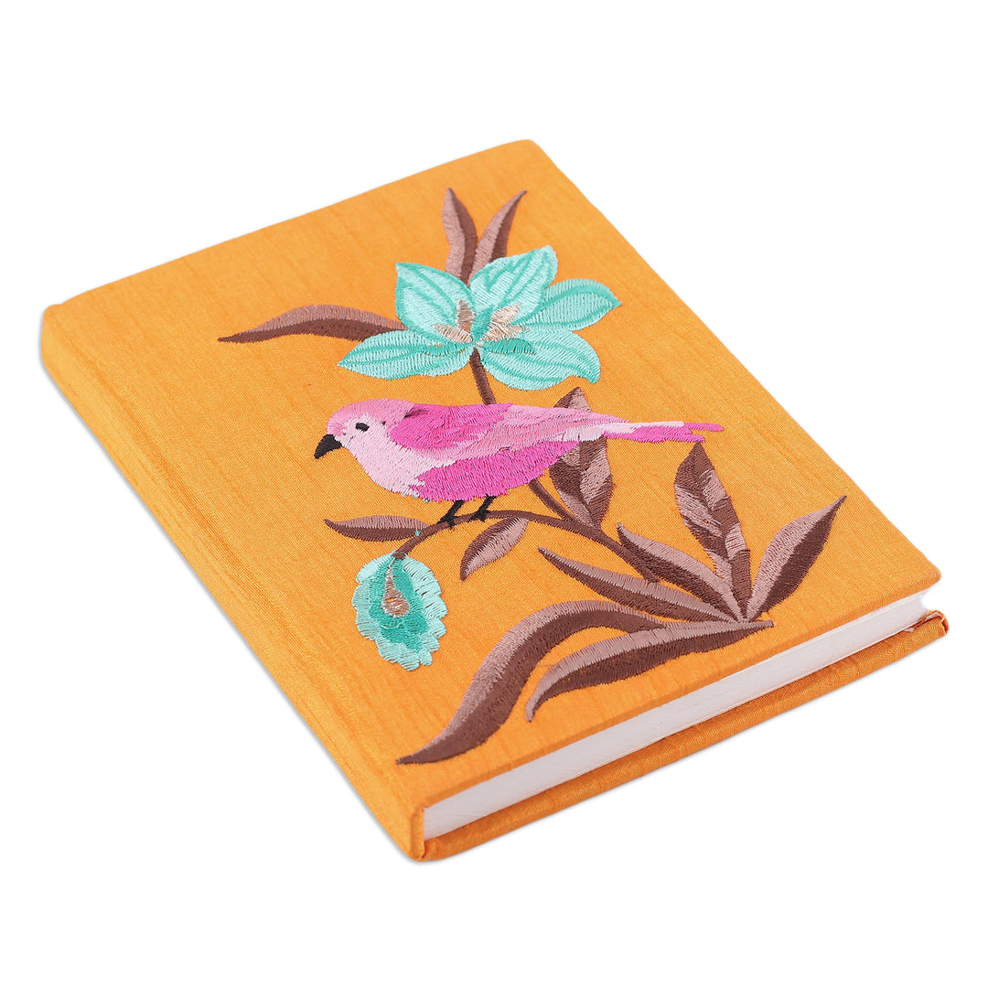 Nature-Themed Saffron Rayon-Embroidered Journal from India - Nature's Saffron Beauty