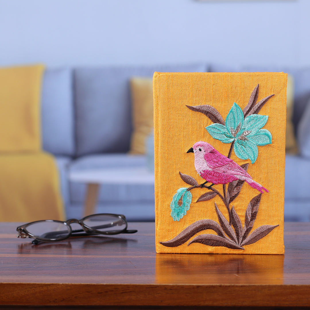 Nature-Themed Saffron Rayon-Embroidered Journal from India - Nature's Saffron Beauty