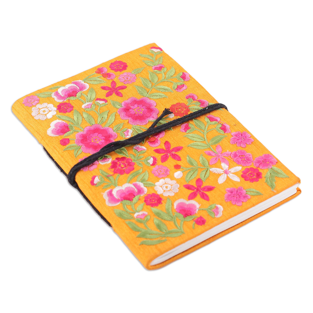 Floral Pink and Saffron Rayon-Embroidered Journal from India - Saffron of Blossoms