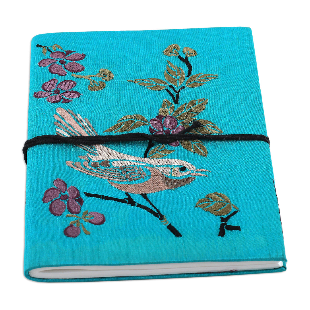 Bird-Themed Turquoise Rayon-Embroidered Journal from India - Joyous Chant