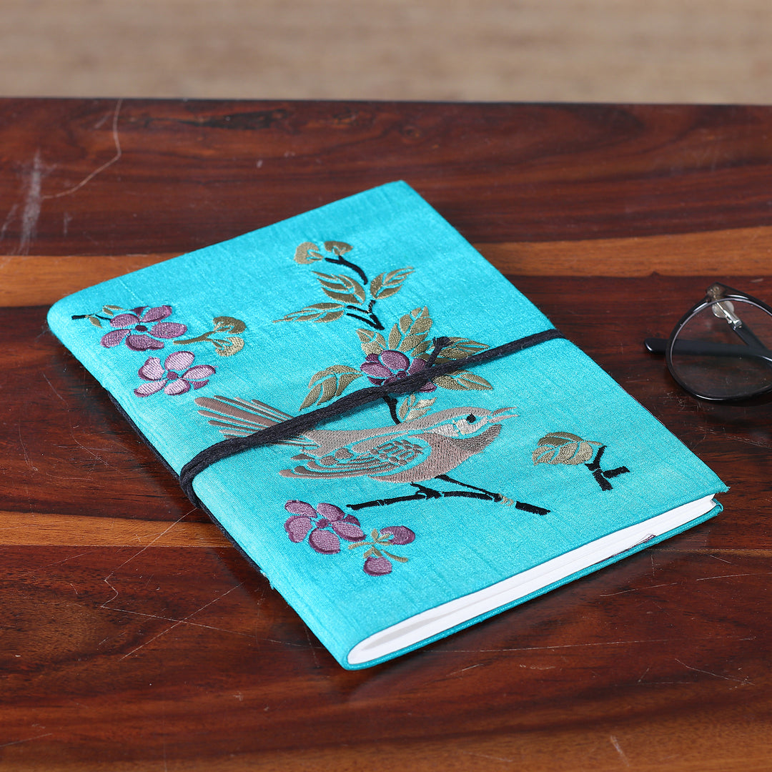 Bird-Themed Turquoise Rayon-Embroidered Journal from India - Joyous Chant
