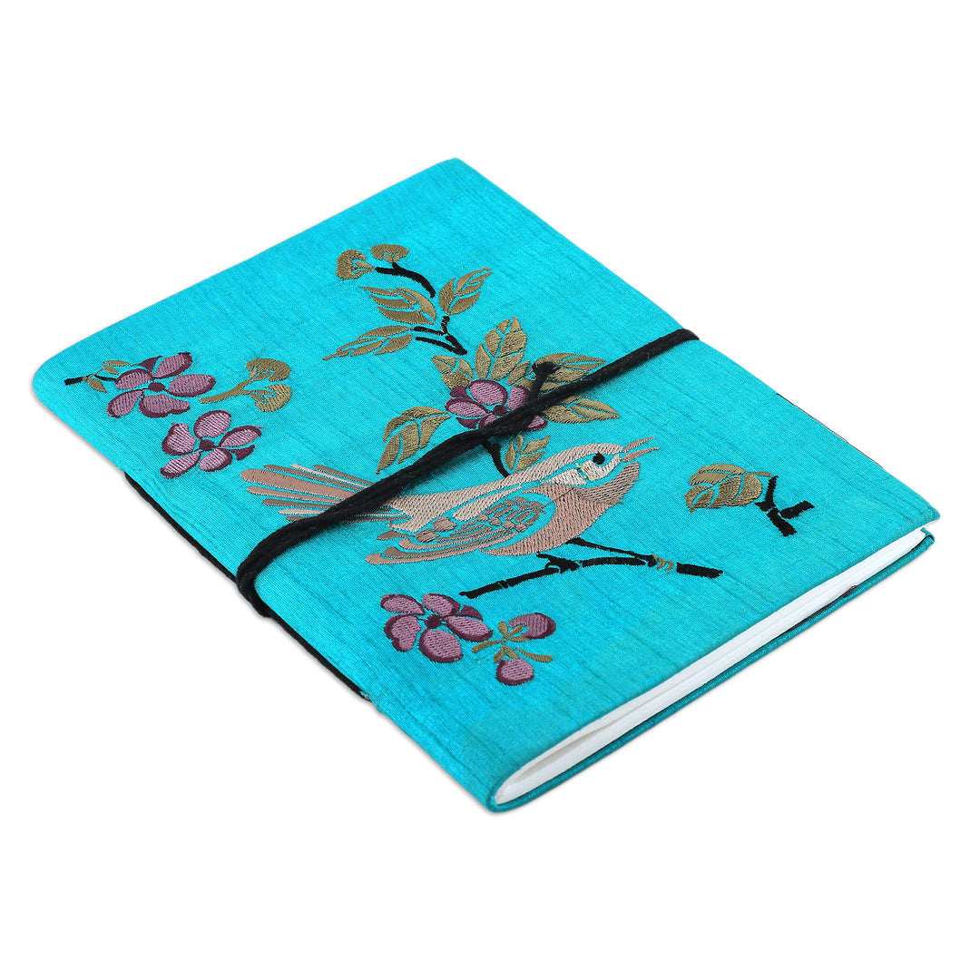 Bird-Themed Turquoise Rayon-Embroidered Journal from India - Joyous Chant