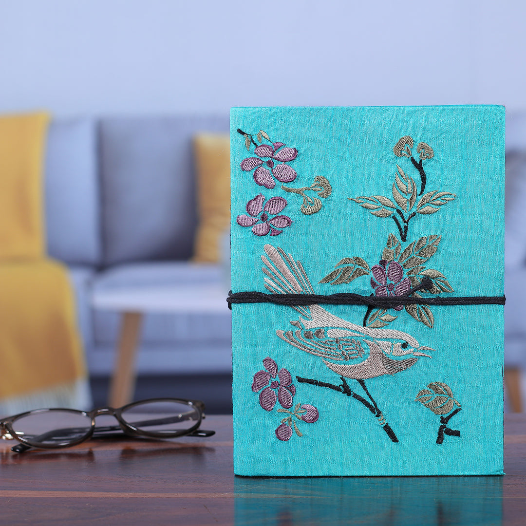 Bird-Themed Turquoise Rayon-Embroidered Journal from India - Joyous Chant