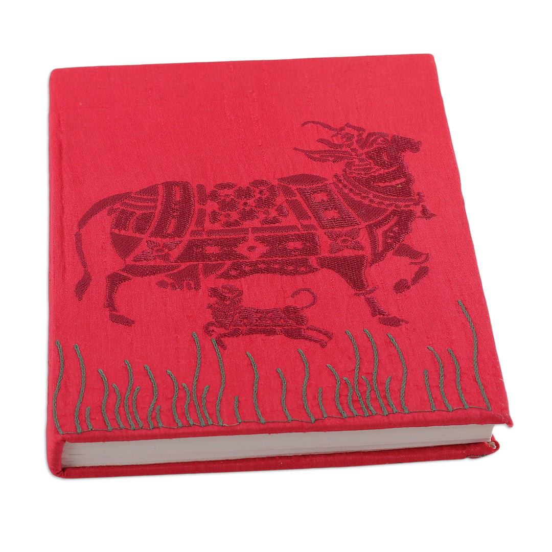 Traditional Kamadhenu Rayon-Embroidered Journal from India - Kamadhenu in Pink