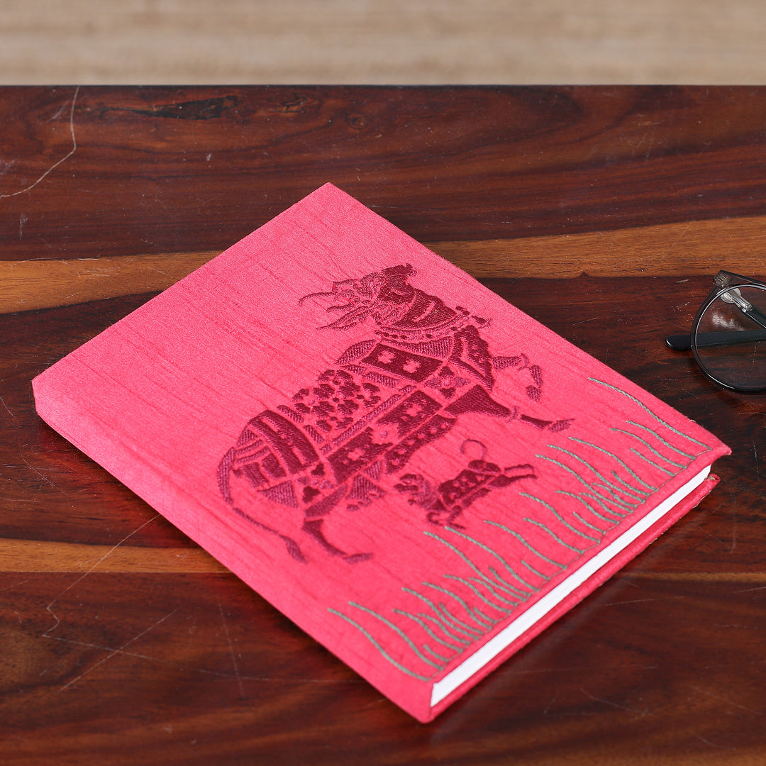 Traditional Kamadhenu Rayon-Embroidered Journal from India - Kamadhenu in Pink