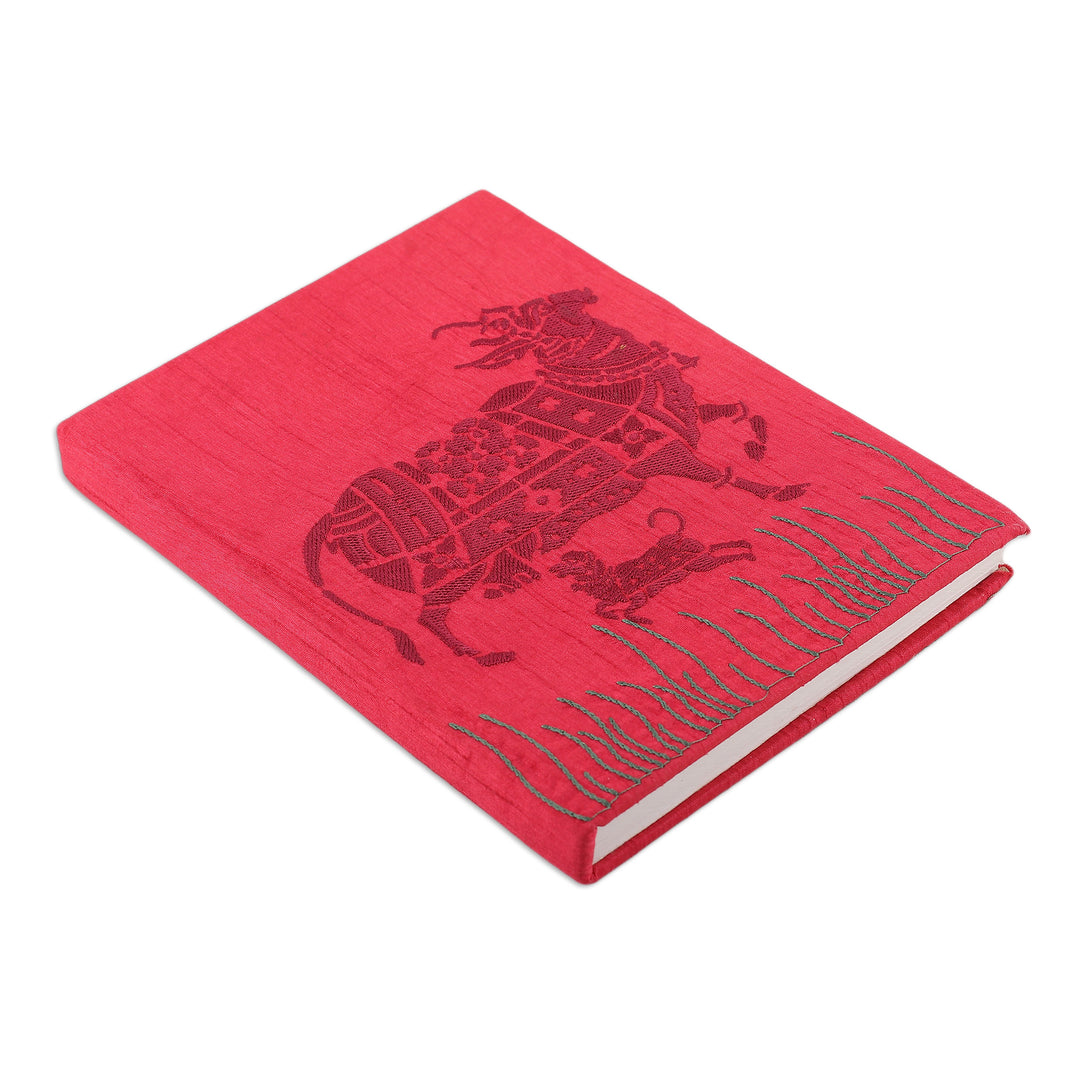 Traditional Kamadhenu Rayon-Embroidered Journal from India - Kamadhenu in Pink