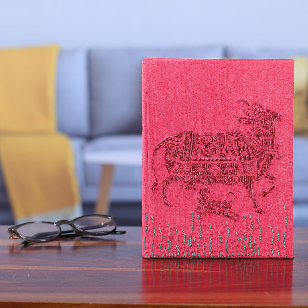 Traditional Kamadhenu Rayon-Embroidered Journal from India - Kamadhenu in Pink