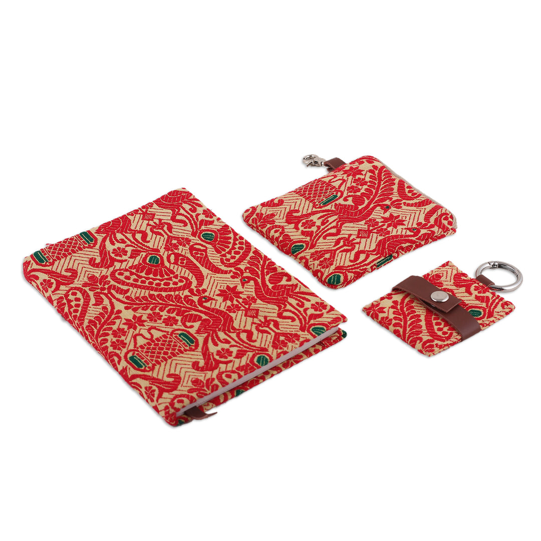 Leather-Accented Cotton Jacquard Journal Pouch Keychain Set - Assam Beauty