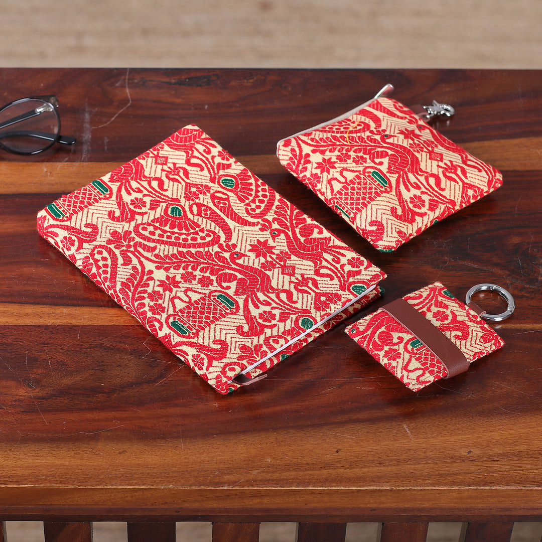 Leather-Accented Cotton Jacquard Journal Pouch Keychain Set - Assam Beauty